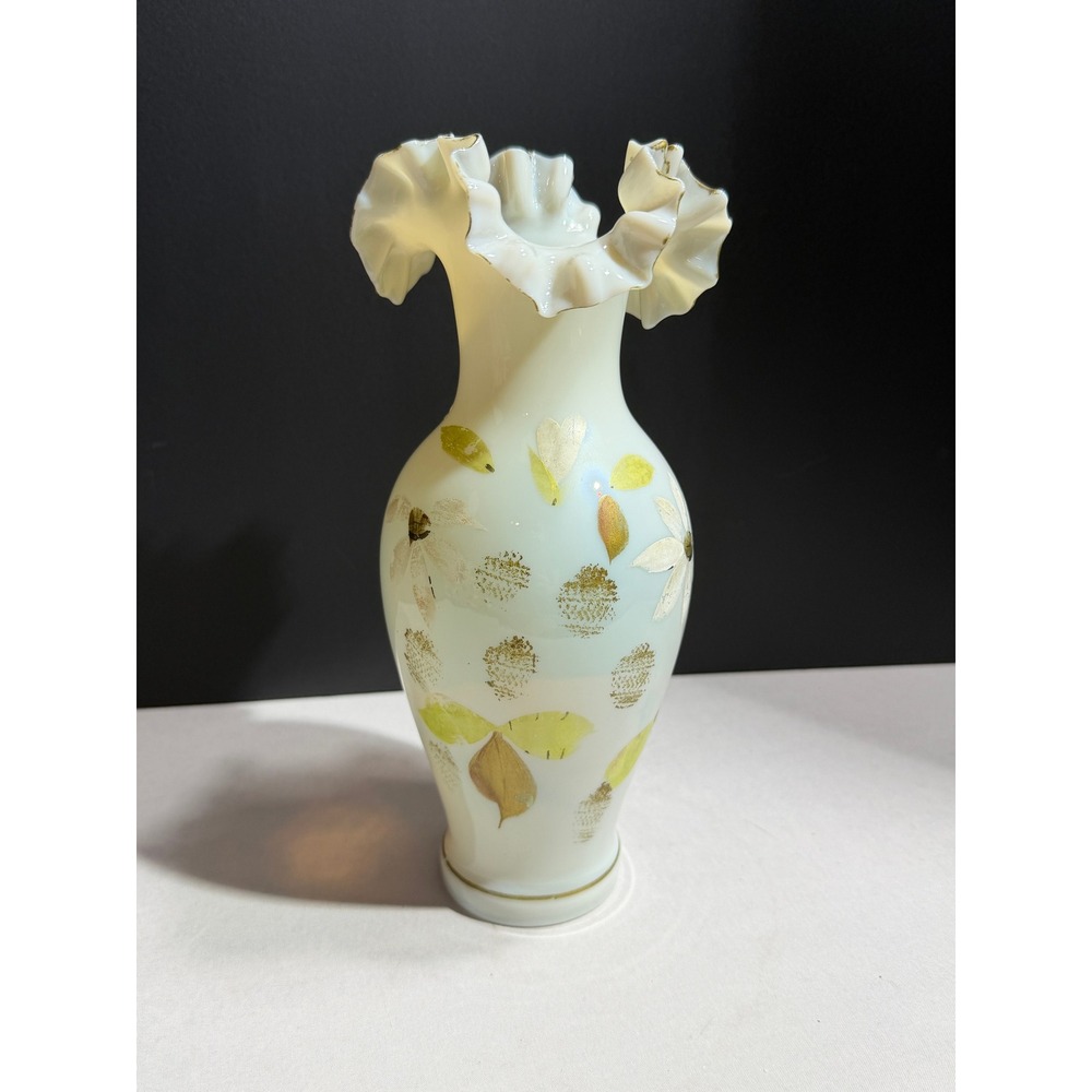 Vintage Bristol Opaque Glass Ruffled Vase Hand Painted Floral Gold Trim